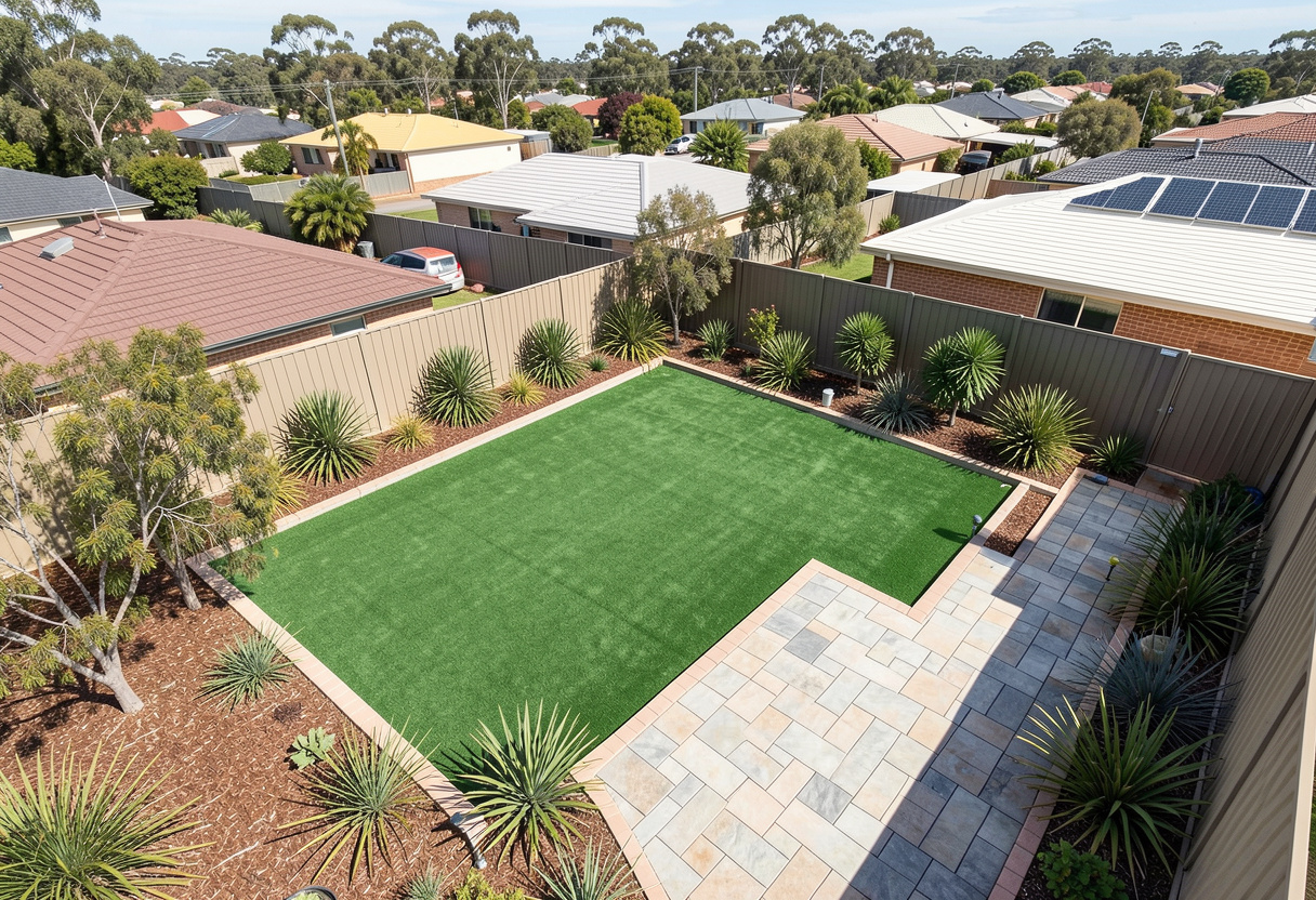 Aerial view of a suburban Rockhampton backyard showing artificial turf installation