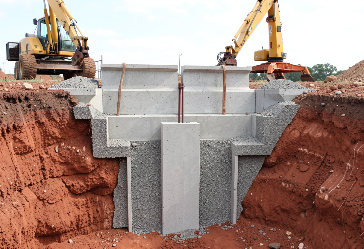 Cross-section cutaway view of a concrete sleeper retaining wall