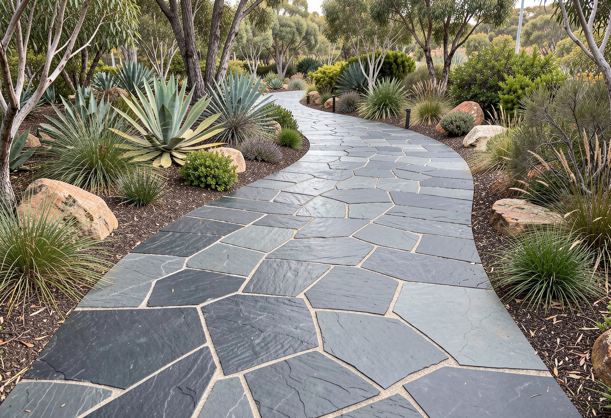 Curved natural stone paving installation