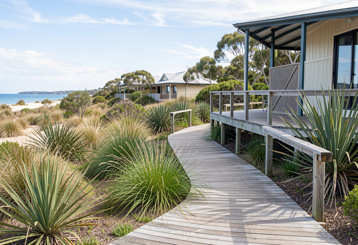 Elevated beach house with a composite timber boardwalk pathway through native dune landscaping