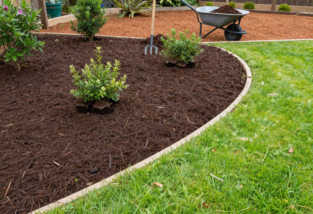 Garden makeover showing freshly applied dark hardwood mulch