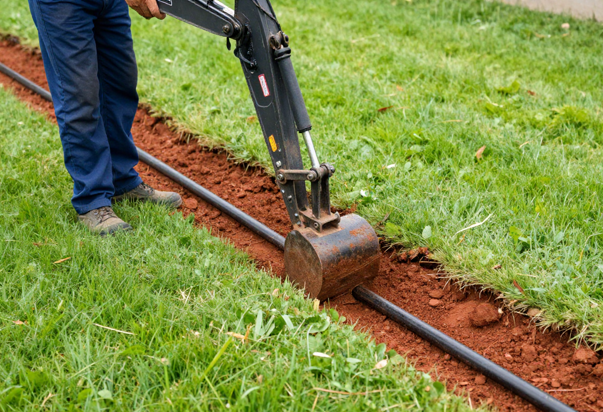 Professional landscaper installing an underground irrigation system