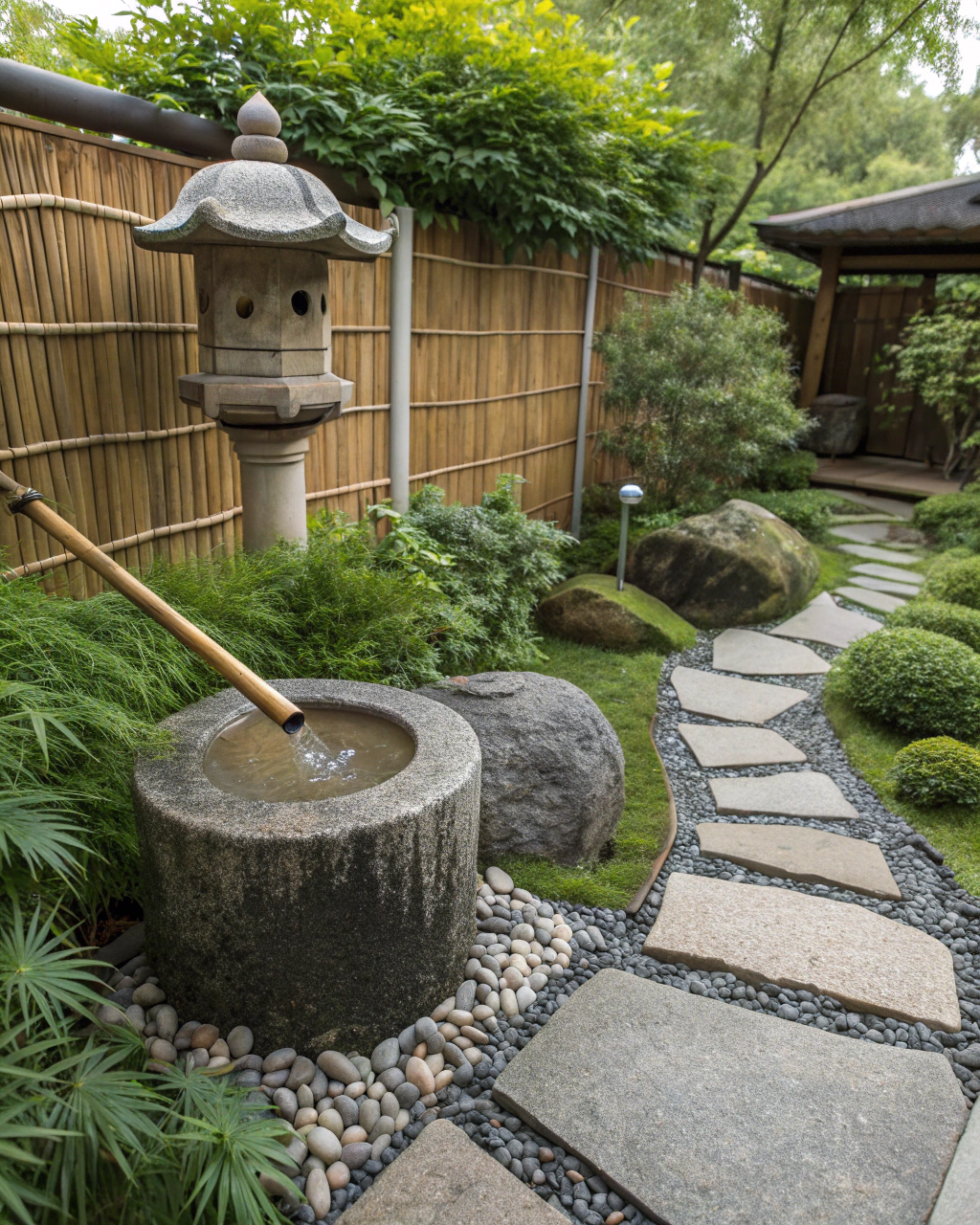 Authentic Japanese garden featuring a stone tsukubai water basin