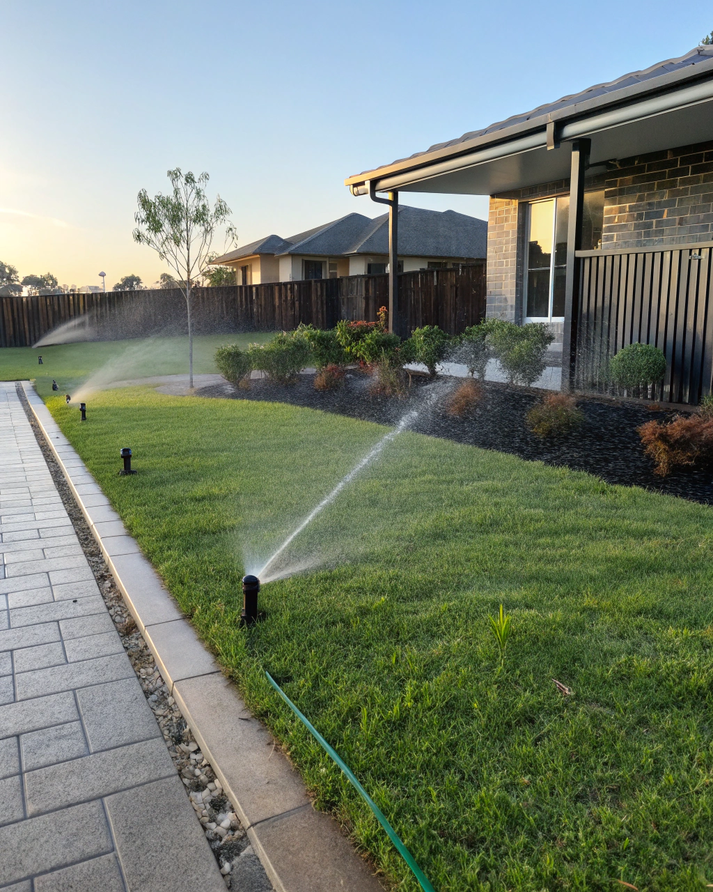 Automated pop-up irrigation sprinkler watering a green lawn