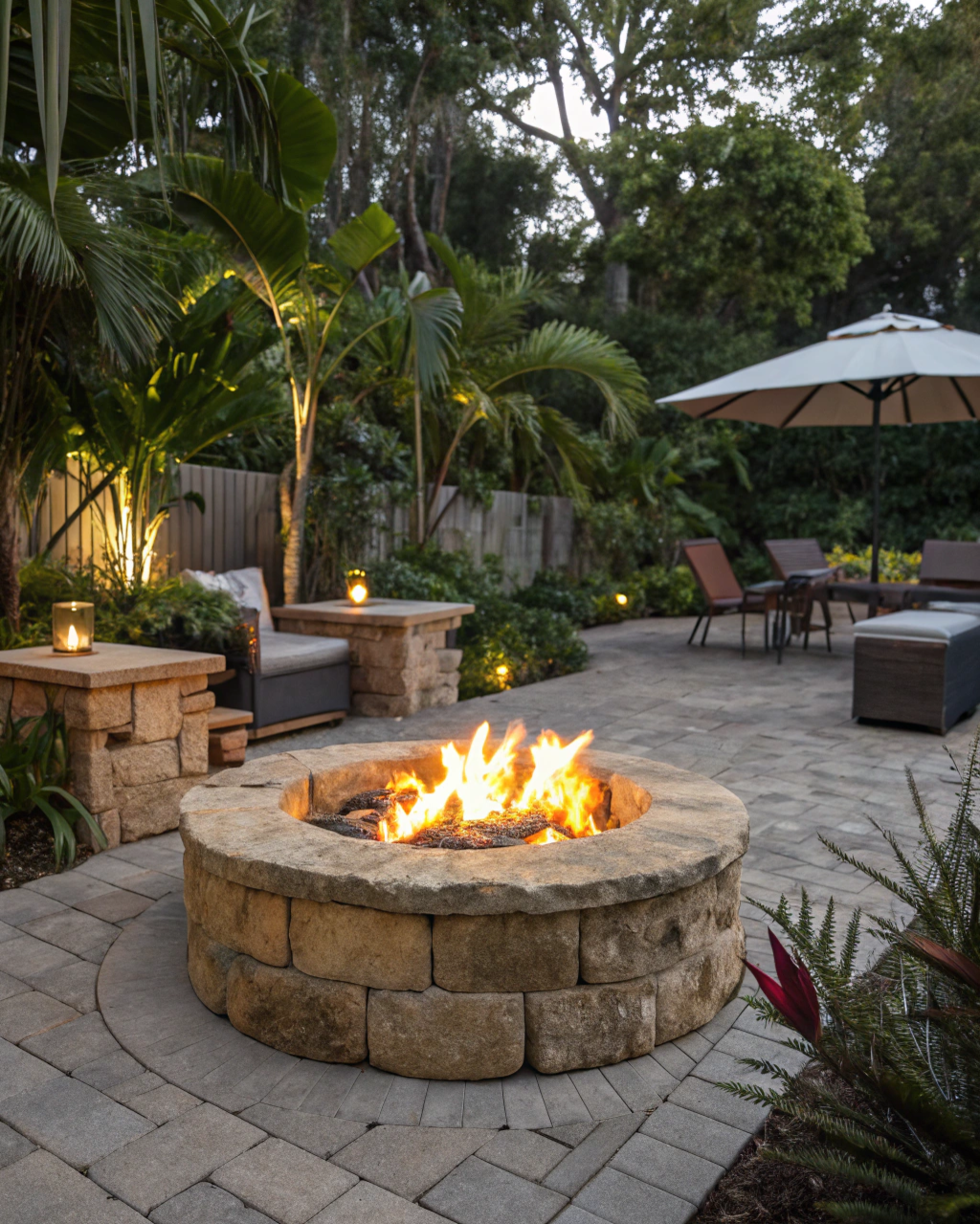Built-in stone fire pit with flames burning in an Australian backyard