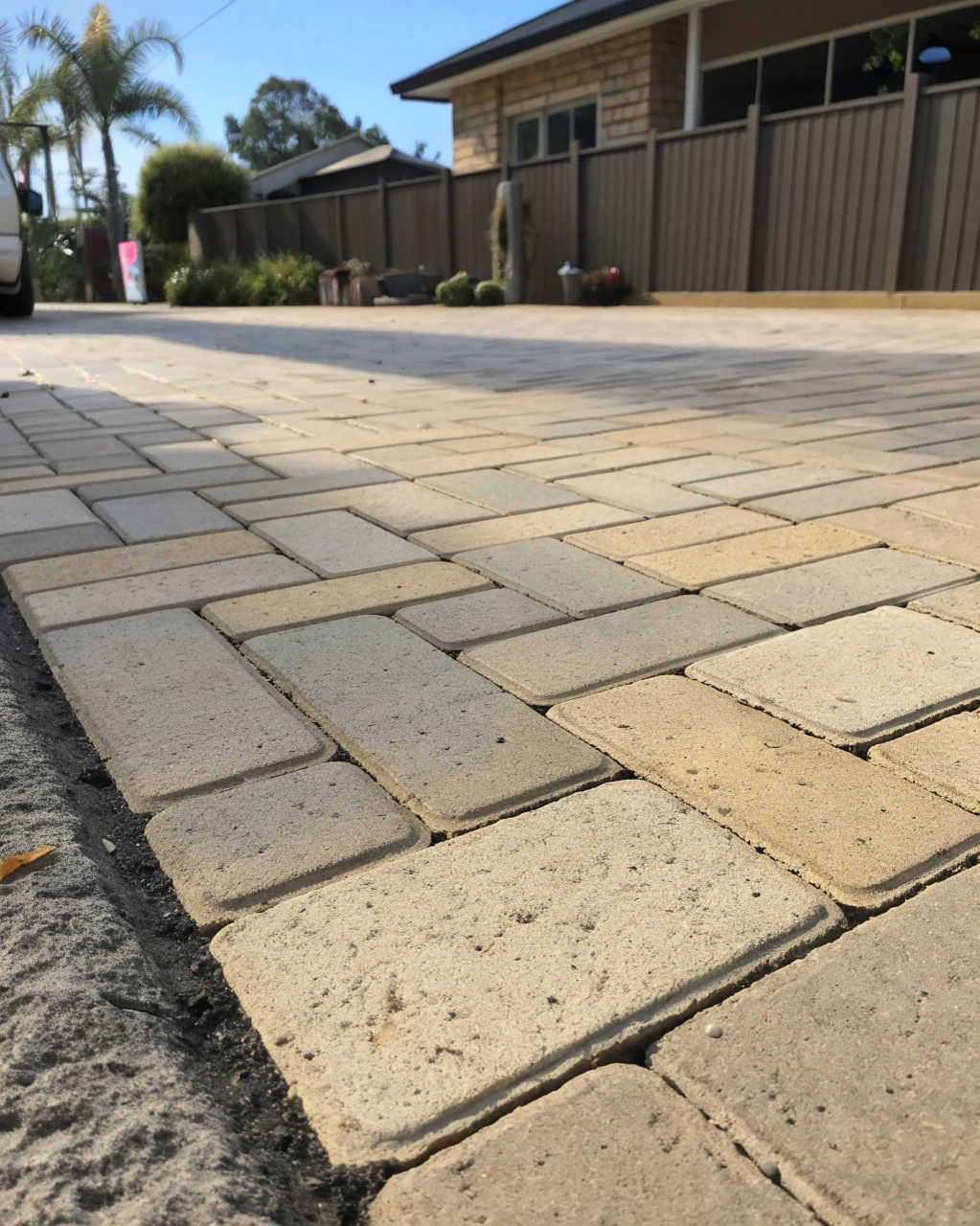 Close-up view of paver joints filled with polymeric sand