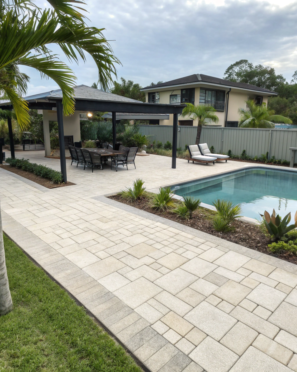 Completed pool area paving layout showing a defined edge