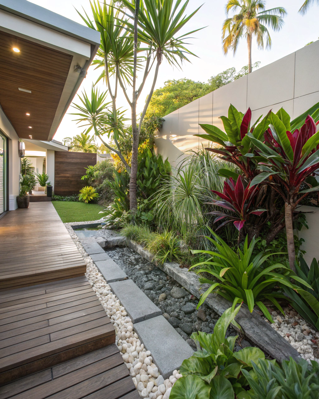 Contemporary tropical garden featuring layered plantings