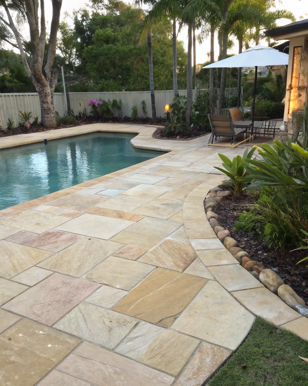 Cream sandstone paving surrounding a swimming pool