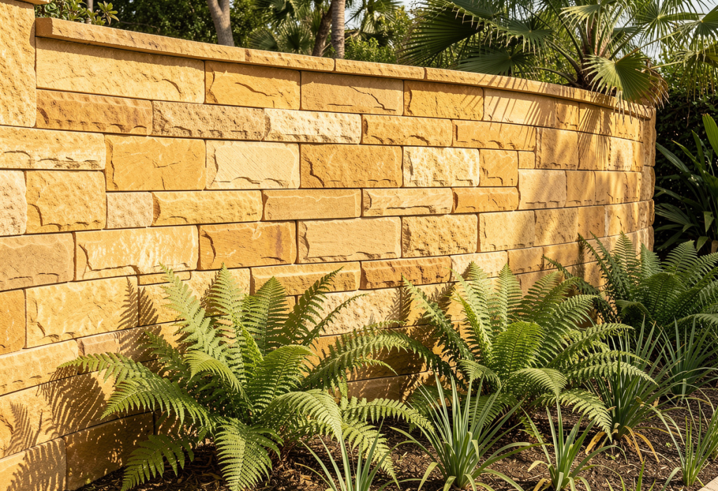 Curved honey gold sandstone retaining wall