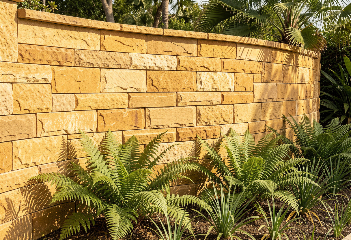 Curved honey gold sandstone retaining wall installation