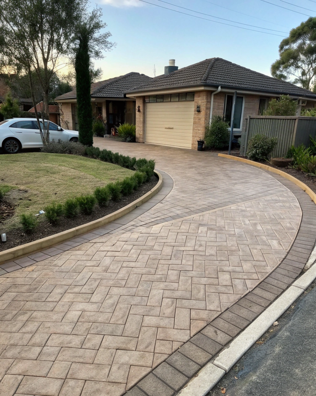 Double driveway finished in a herringbone paver pattern