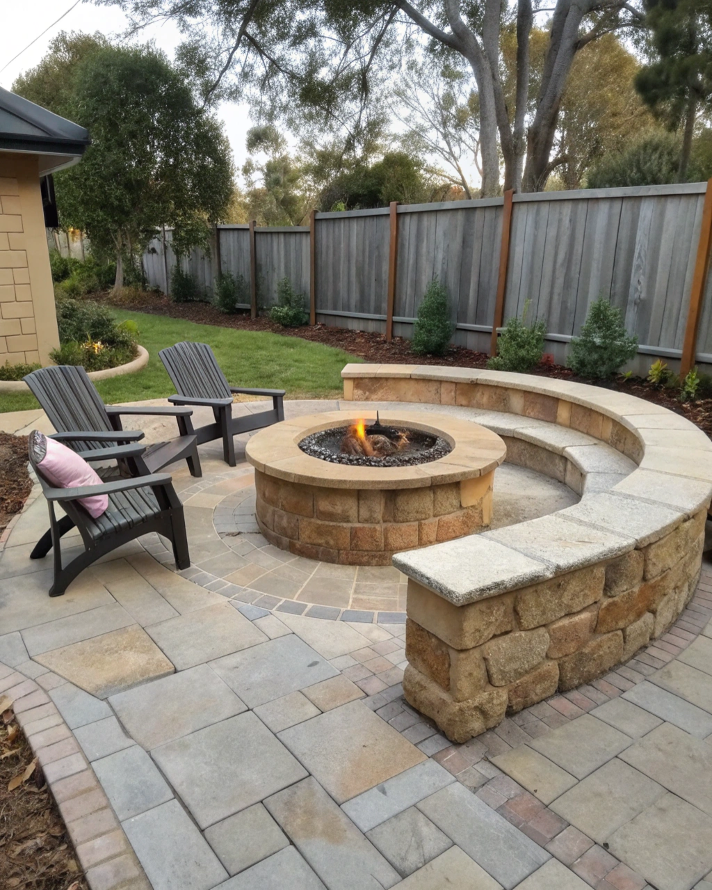 Fire pit with built-in stone bench seating and paving