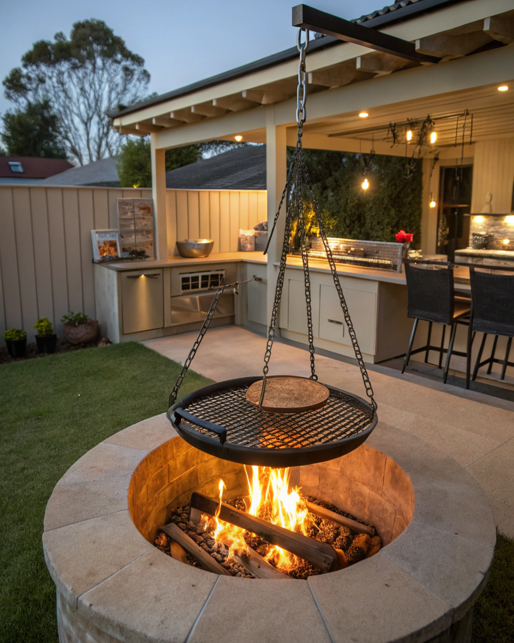Fire pit fitted with a swing-arm grill and cooking grate