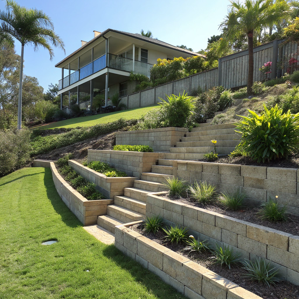 Multi-tier garden terracing designed for a sloped Rockhampton backyard