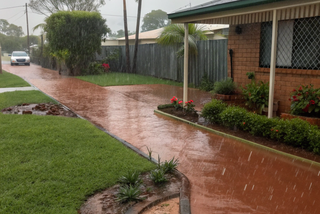 Heavy tropical rainfall in a Rockhampton suburban yard