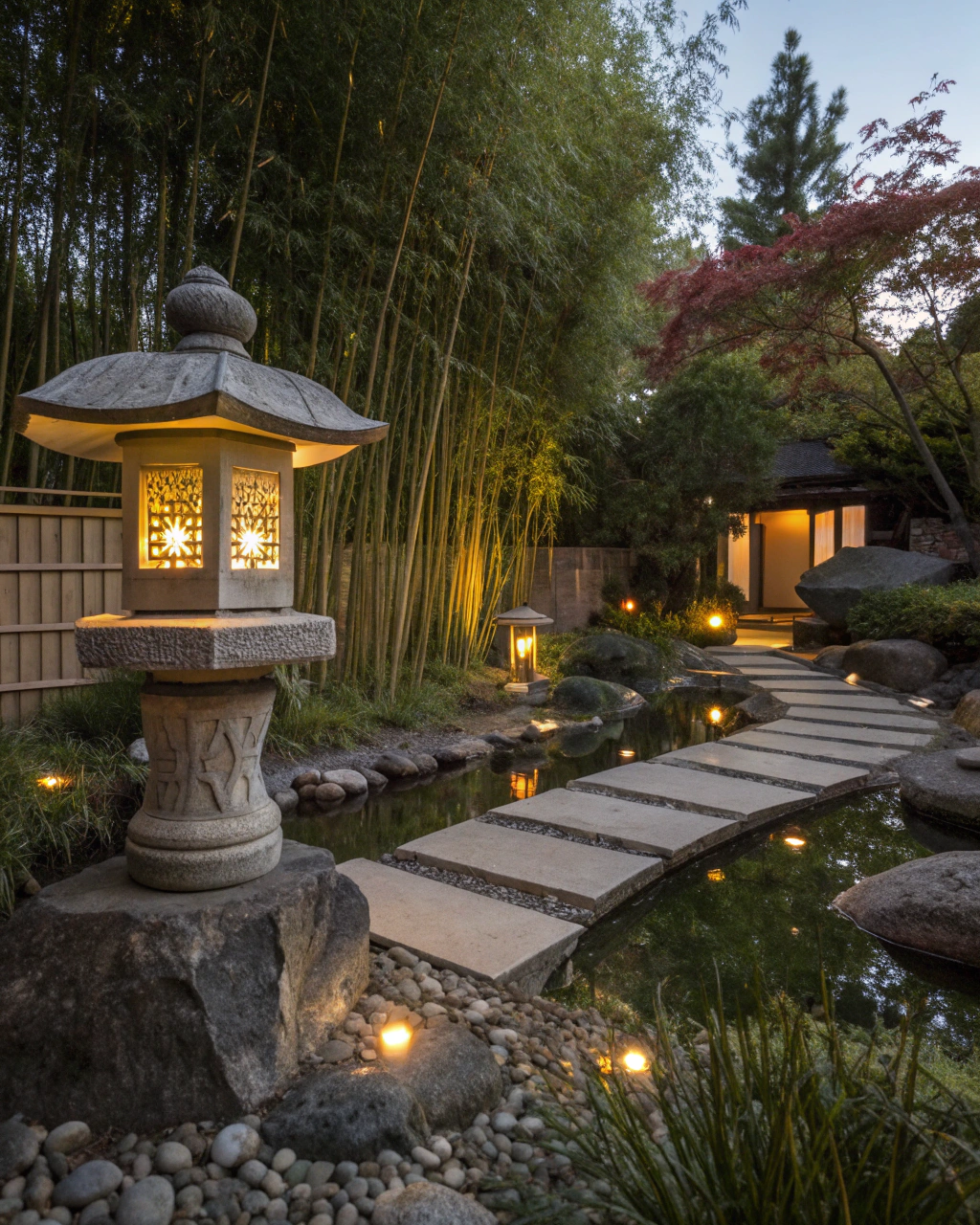 Japanese garden at dusk featuring a traditional stone lantern
