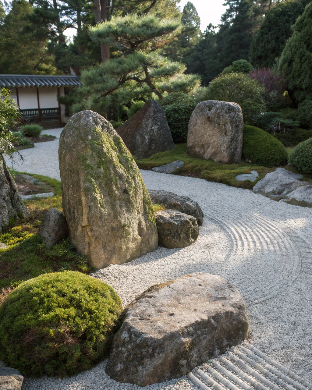 Japanese garden stone arrangement featuring traditional rock groupings