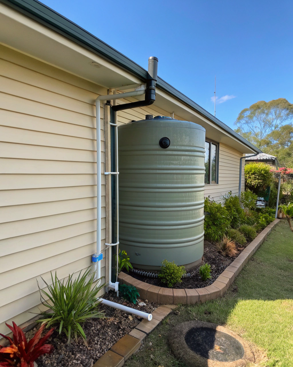 Large poly rainwater tank integrated into an Australian property design