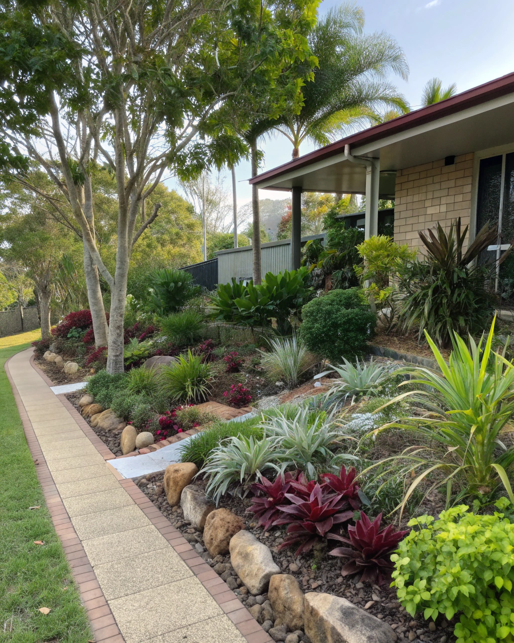 Layered garden planting design in a Rockhampton front yard