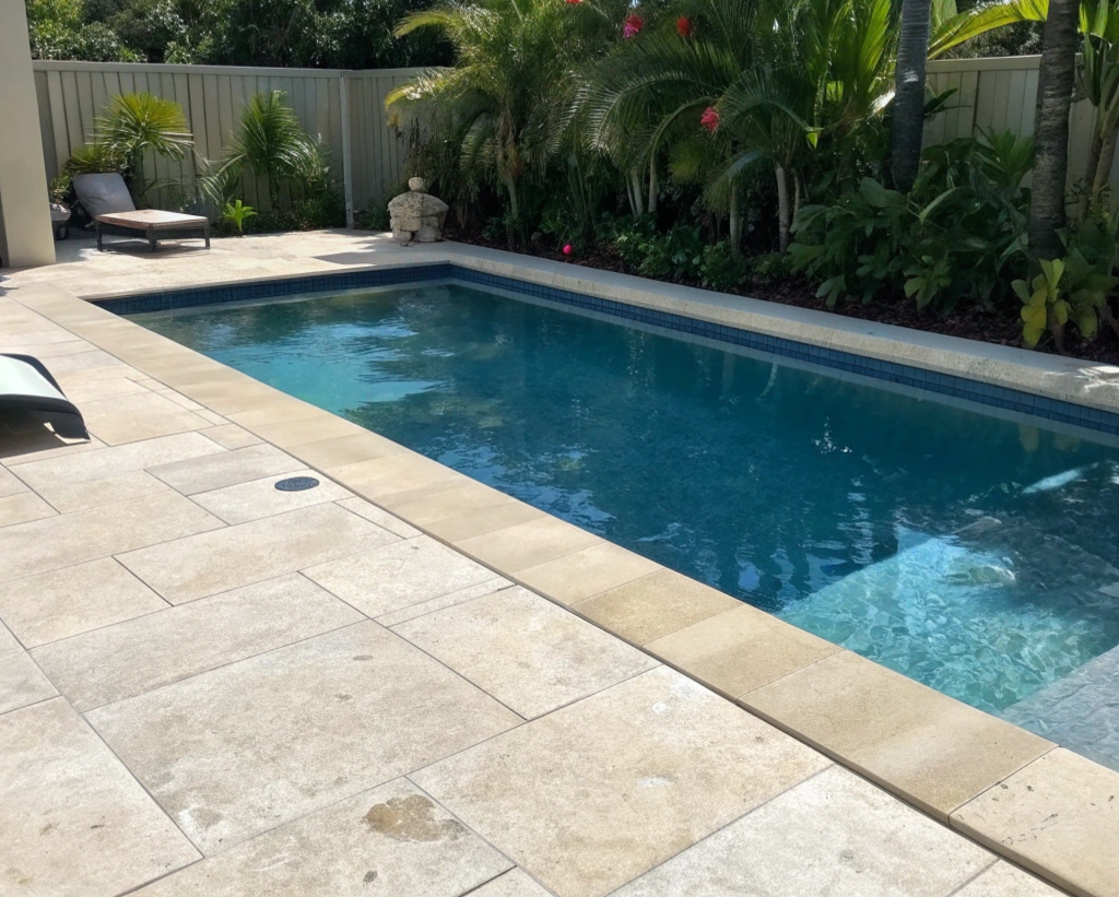 Light-coloured travertine pool paving around a residential pool