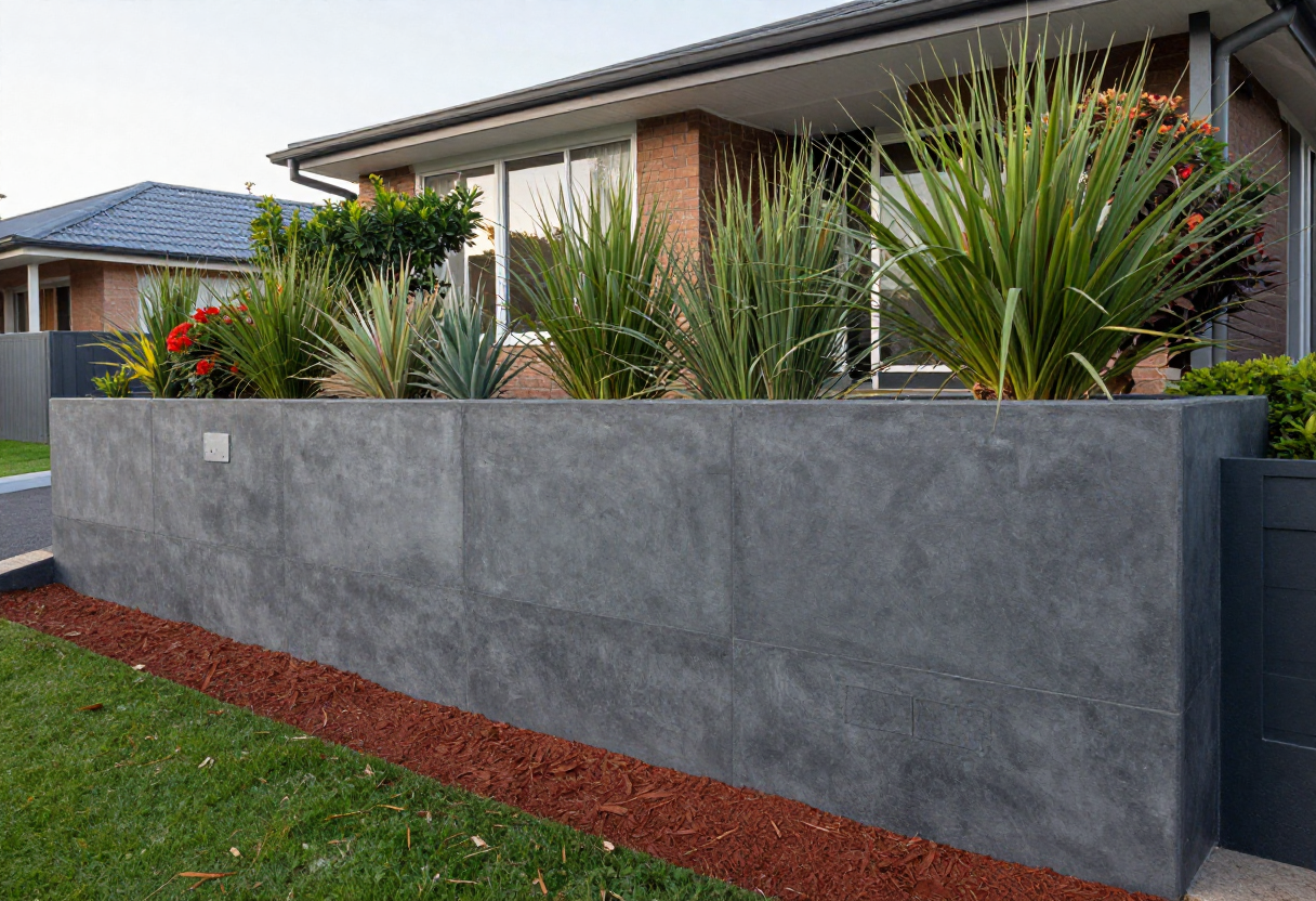 Modern charcoal grey concrete sleeper retaining wall