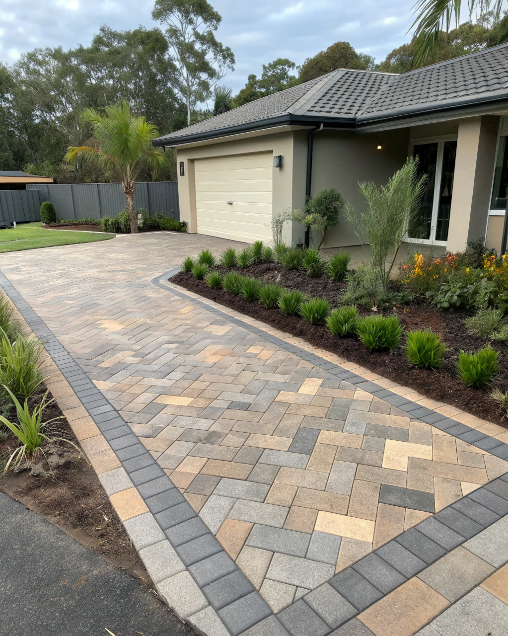 Modern residential driveway featuring newly installed concrete pavers