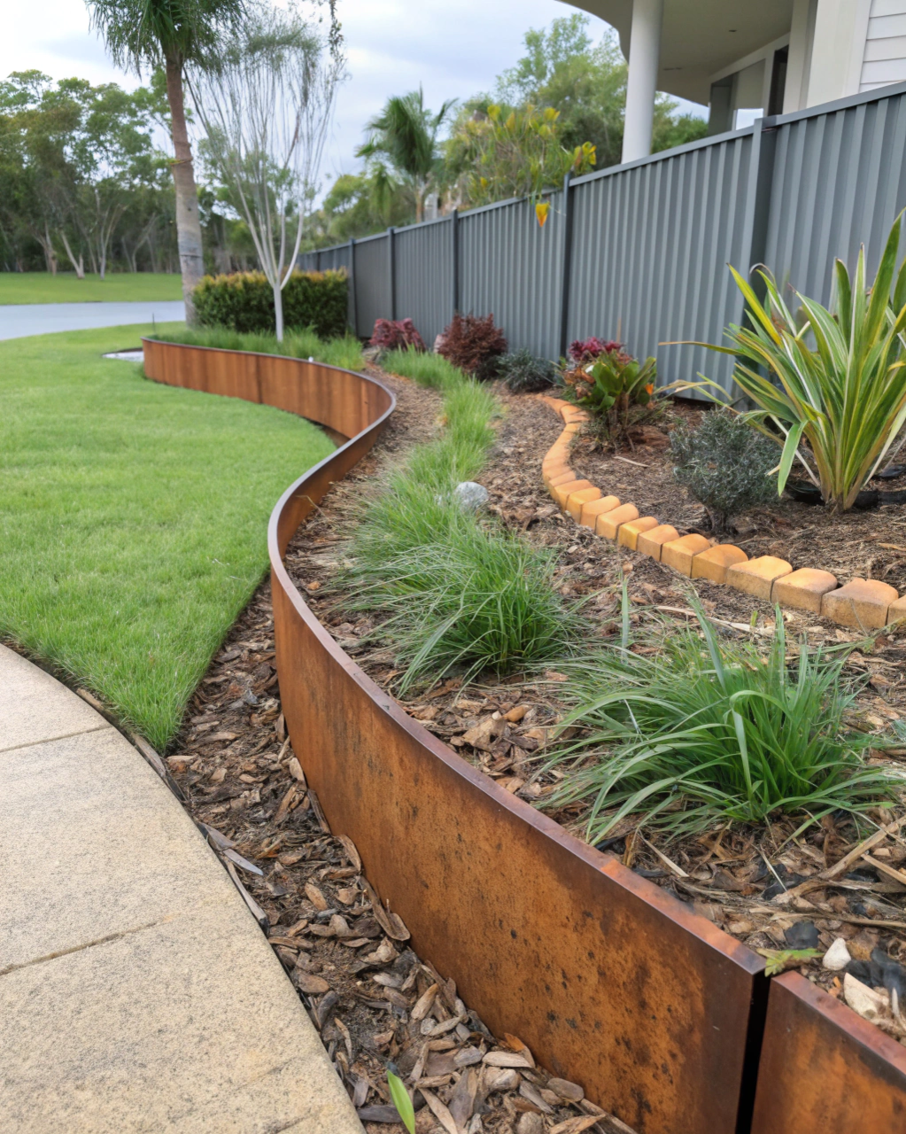 Modern steel garden edging installed along a curved garden bed