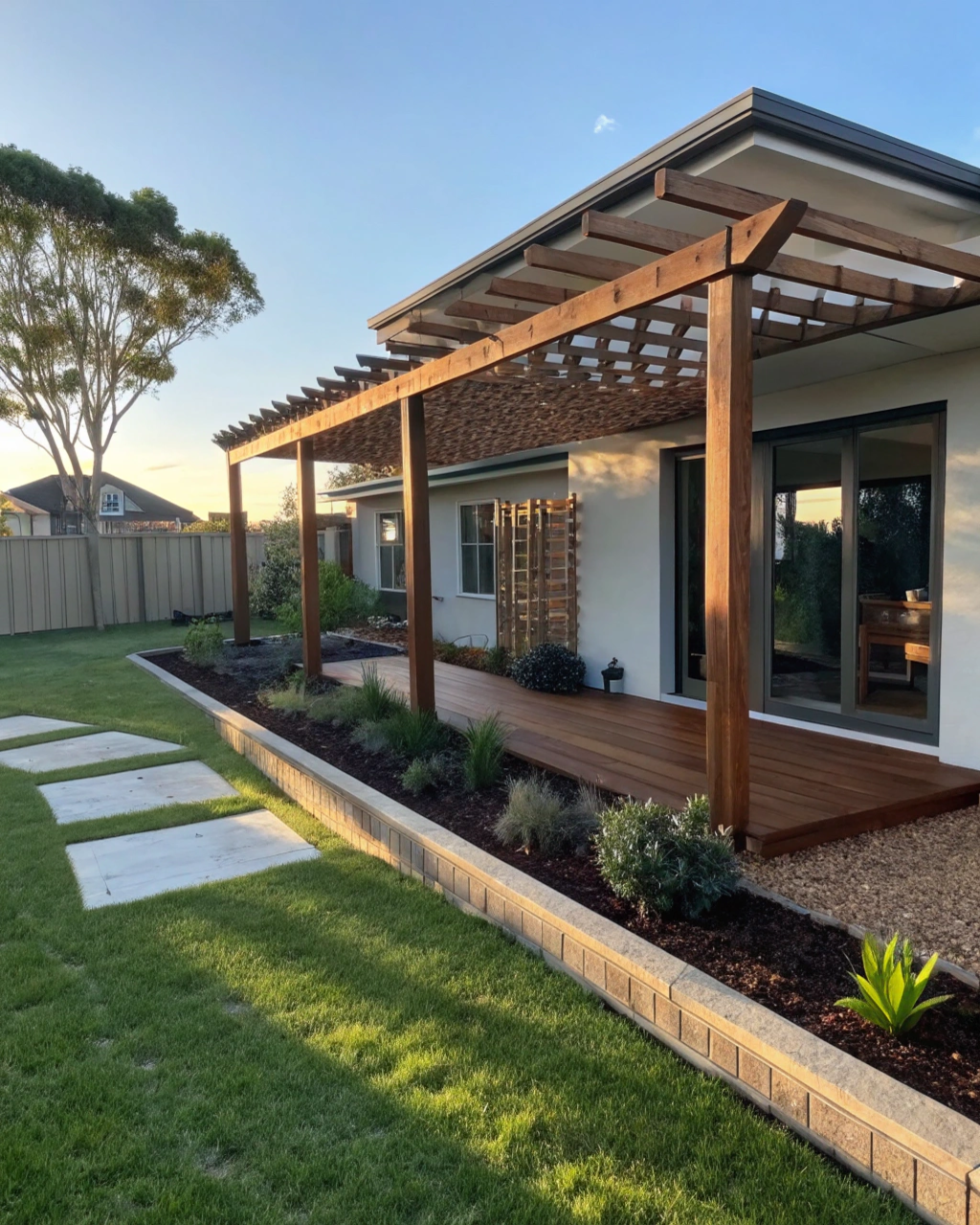 Modern timber pergola attached to a contemporary home