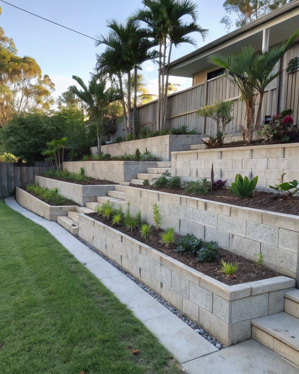Multi-level terraced retaining walls creating usable outdoor levels
