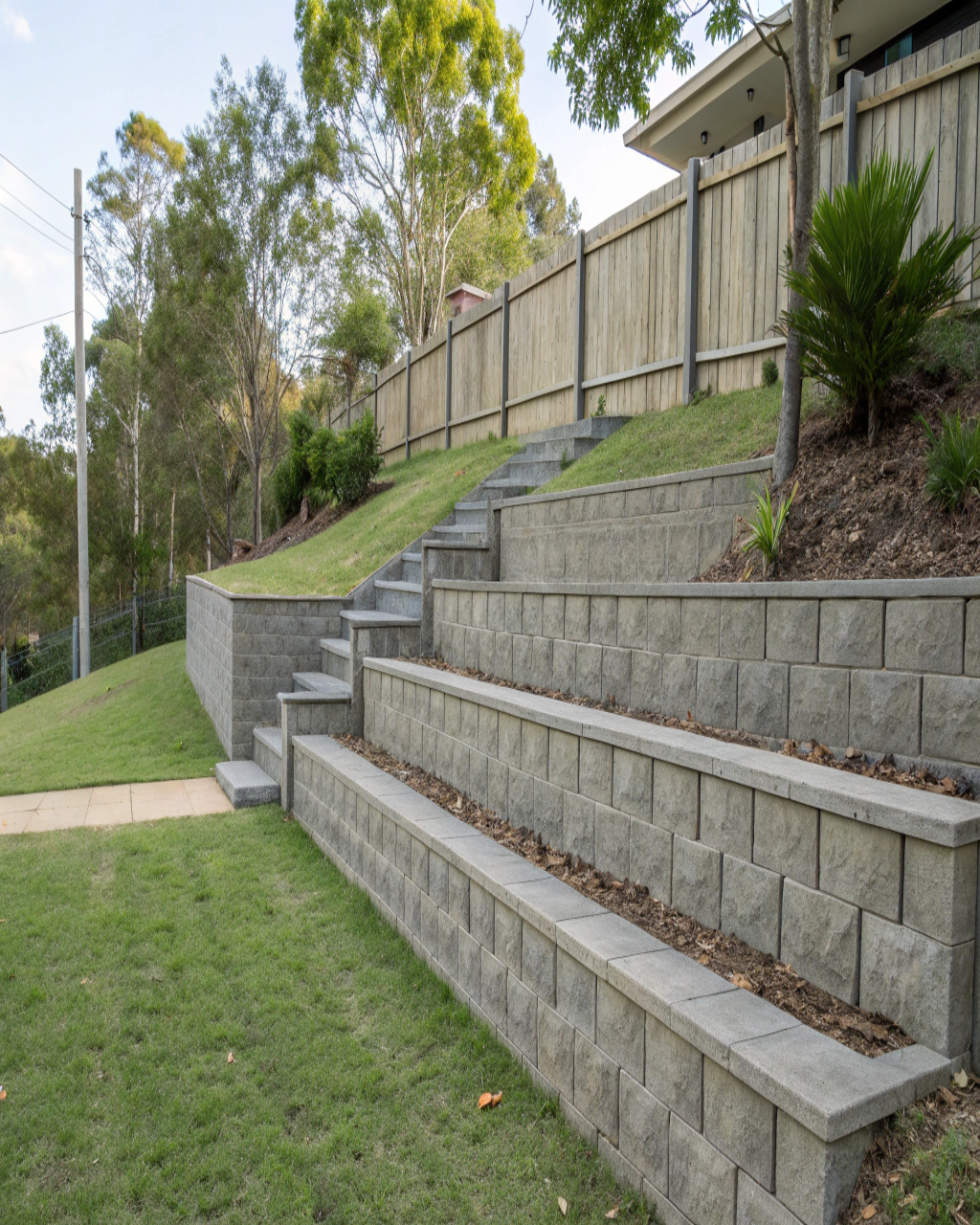 Multi-tier concrete sleeper retaining walls