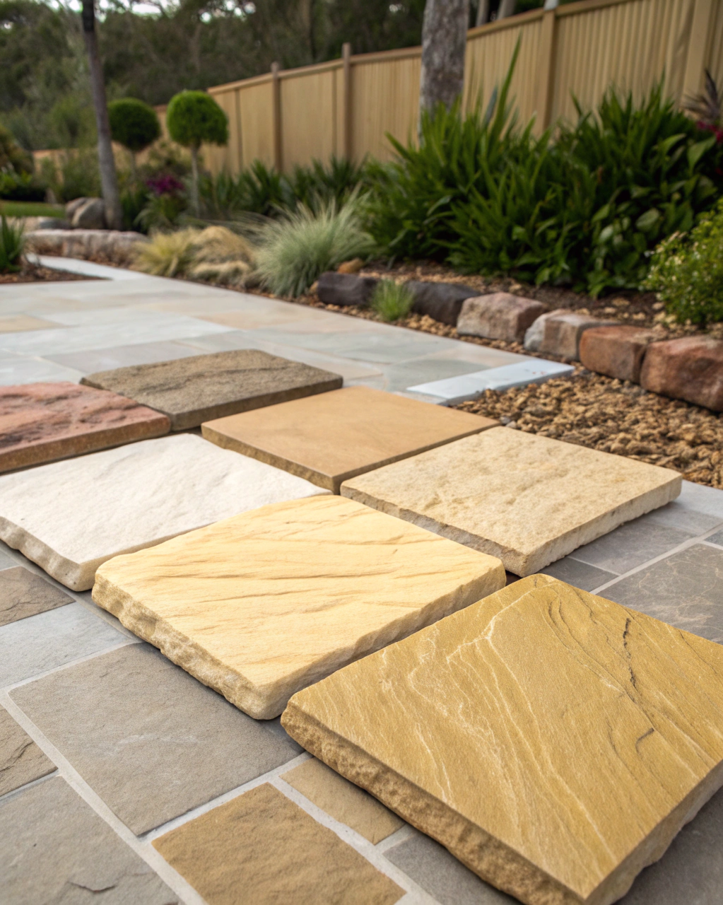 Multiple Australian sandstone paver samples showing natural colour variation