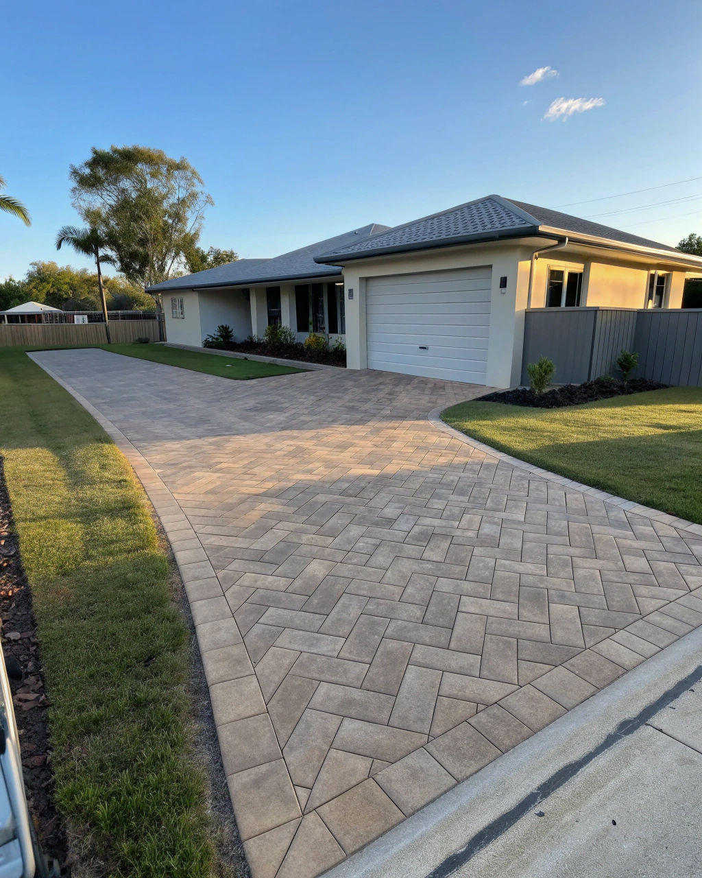 Newly completed concrete paver driveway at a Queensland property