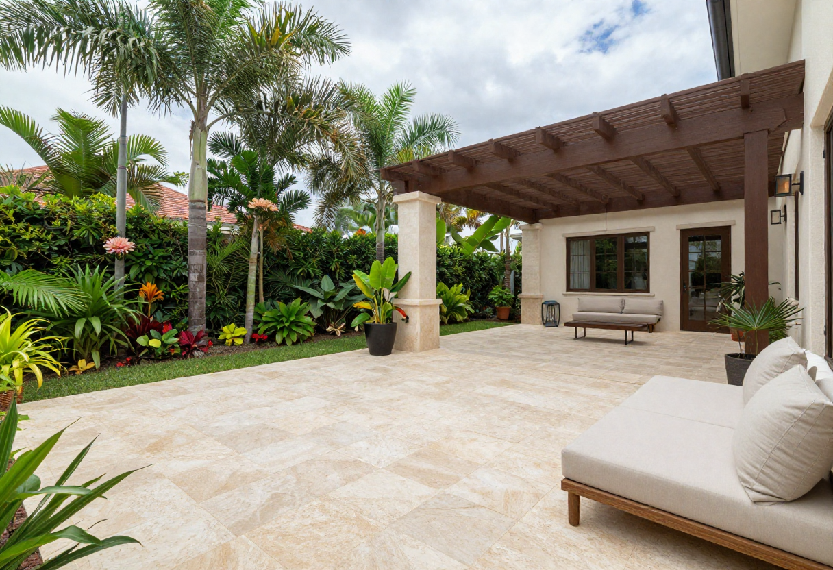 Outdoor patio paving area finished with cream travertine
