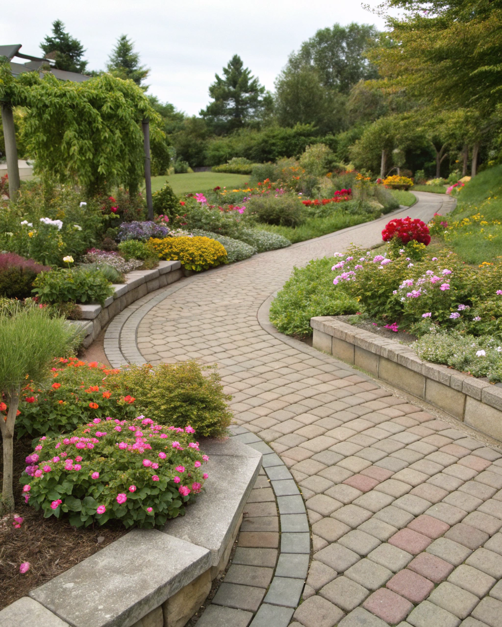 Paving integrated with landscaped garden beds in a designed layout