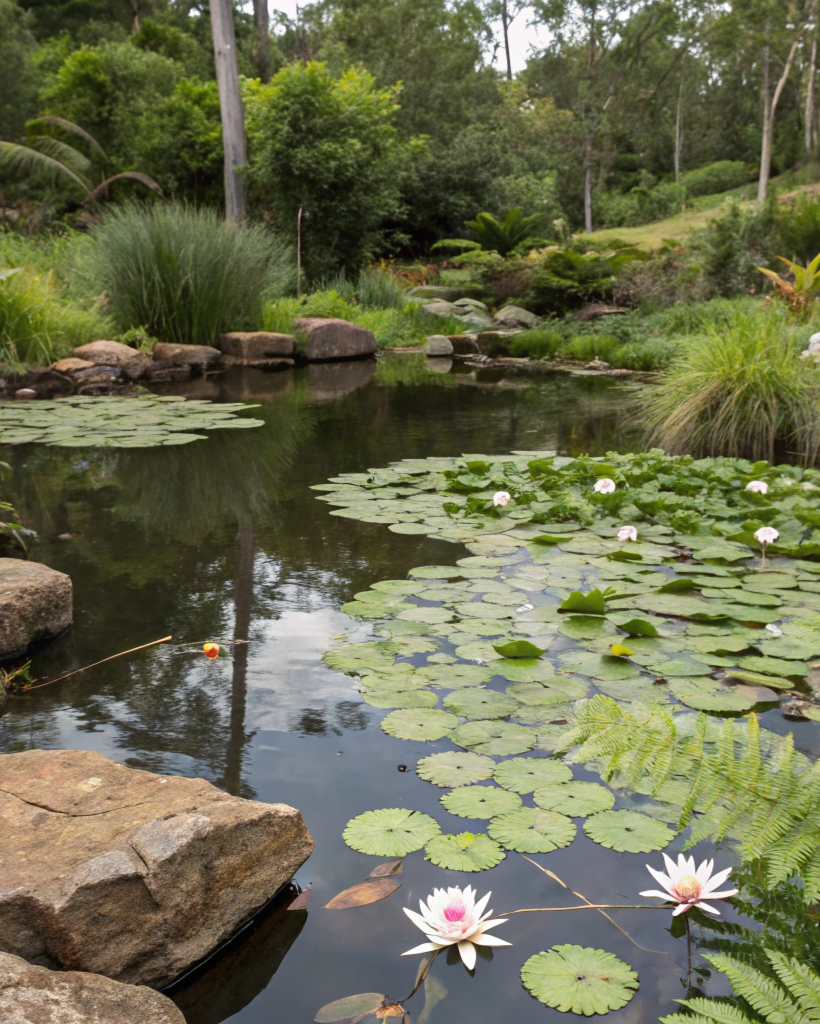 Garden pond with water lilies, papyrus and native ferns