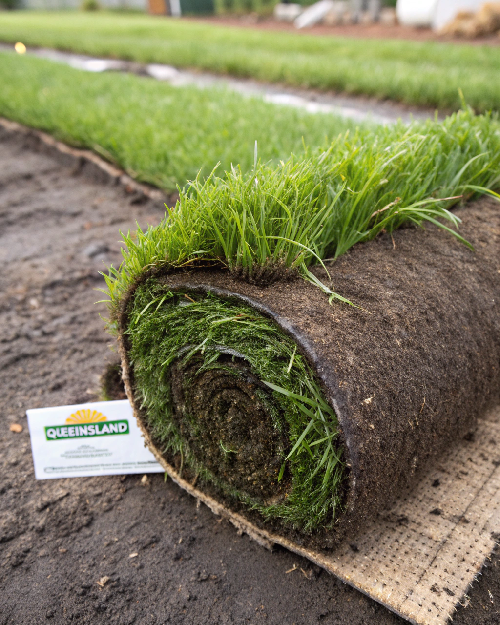 Premium buffalo grass turf roll being unrolled during installation