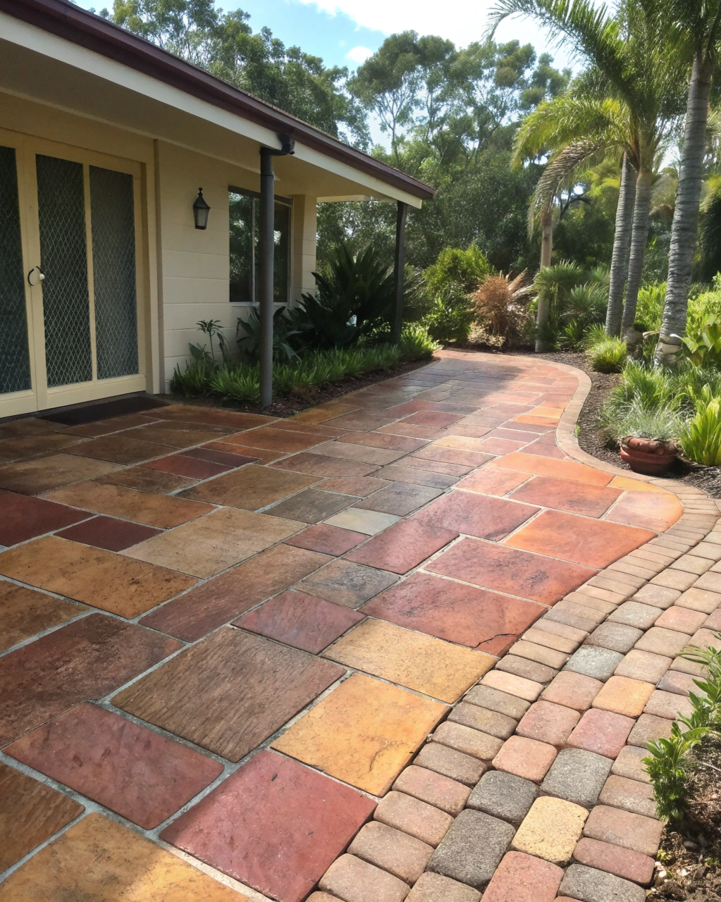Restored concrete pavers showing rich terracotta tones after cleaning