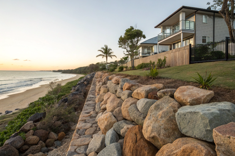 Rock armour coastal protection along the Yeppoon beachfront