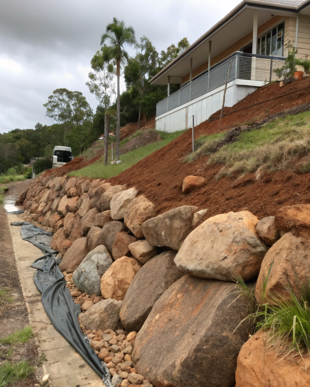 Rock riprap erosion control installed on a sloped property