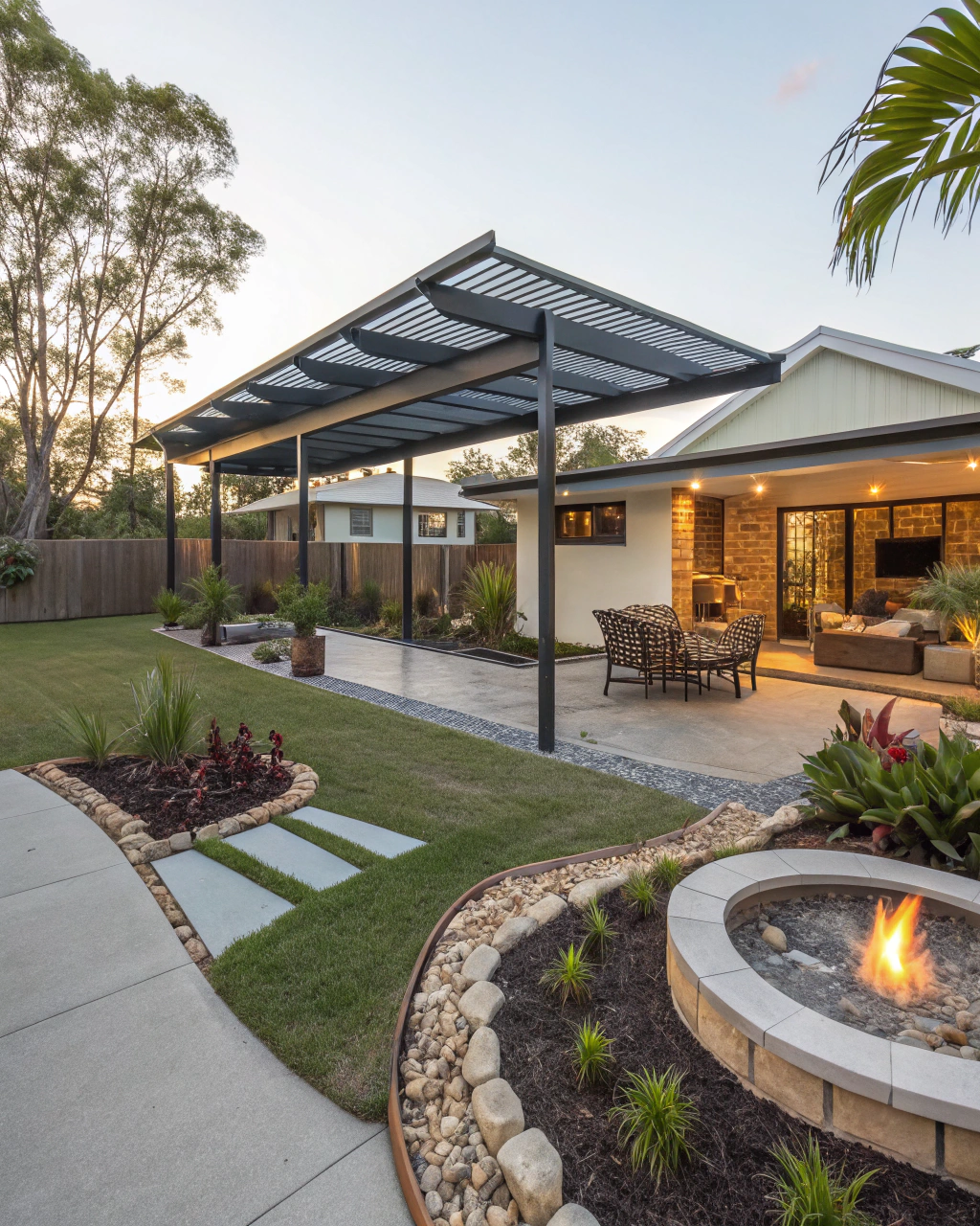 Rockhampton residential backyard showcasing multiple landscaped features