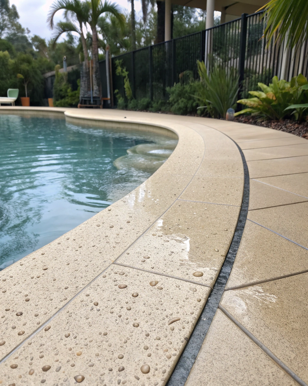 Textured light-coloured pool paving around a residential pool