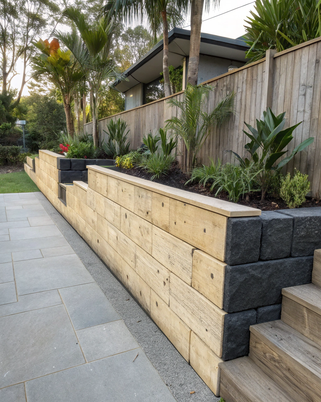 Three different retaining wall materials compared side by side