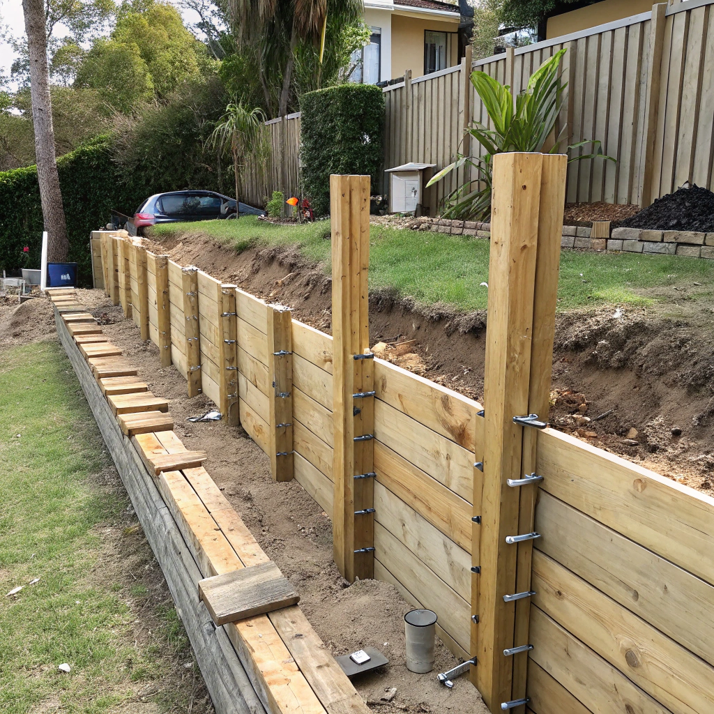 Timber retaining wall installation in progress in Rockhampton