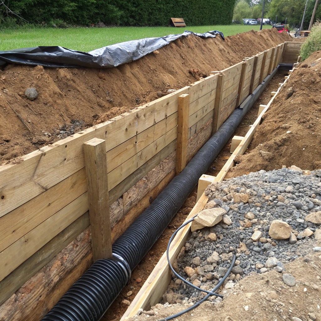 Drainage system installed behind a timber retaining wall