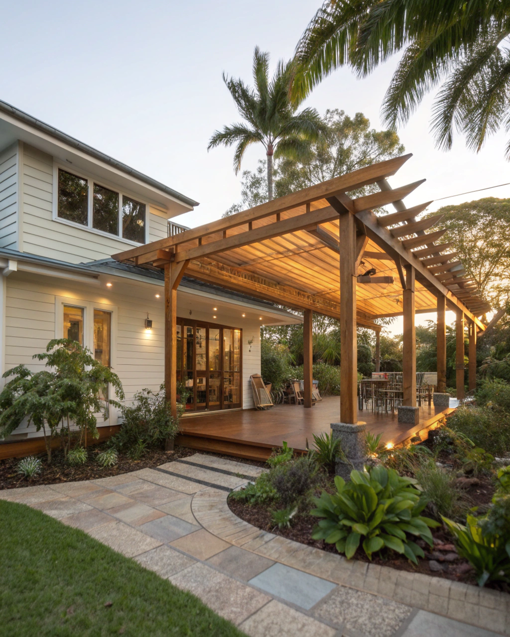 Well-designed timber pergola integrated with a Queenslander home