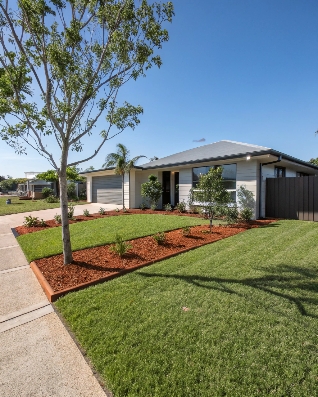 Wide shot of a residential property with a freshly landscaped front yard